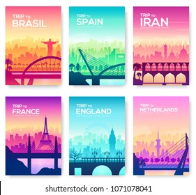 Bridges of different countries. Monument template outdoor silhouette. Cityscape construction street landscape. Travel sunrise urban illustration