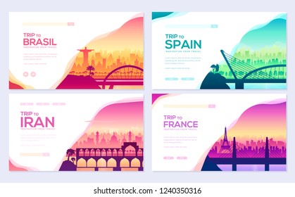 Bridges of different countries. Monument template outdoor silhouette. Cityscape construction street landscape. Travel sunrise urban. flyear, web banner, ui header, enter site, slider page