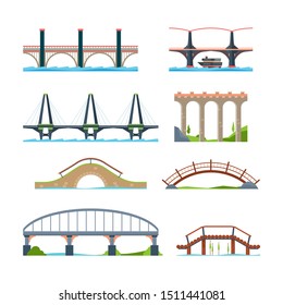 Bridges flat. Architectural urban objects bridge with column or aqueduct beam vector pictures