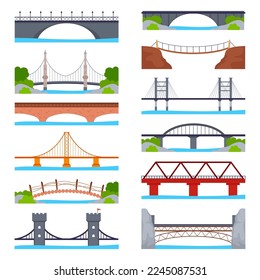 Bridges flat icons set. Structure carrying road, path, railroad across river. Passage to other coast. Futuristic metal constructions. Color isolated illustrations