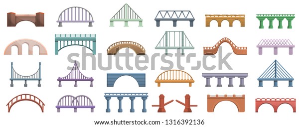 Bridges icons set. Cartoon set of bridges vector\
icons for web design