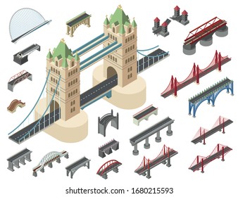 Bridges icons set. Isometric set of bridges vector icons for web design isolated on white background