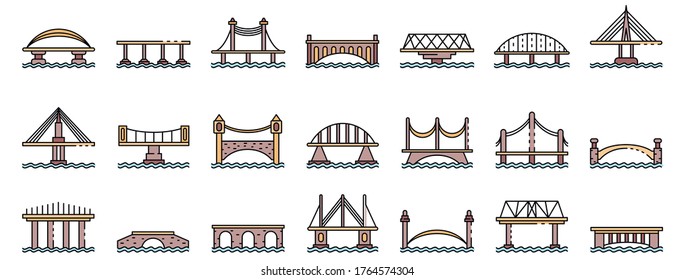 Bridges icons set. Outline set of bridges vector icons thin line color flat isolated on white svg