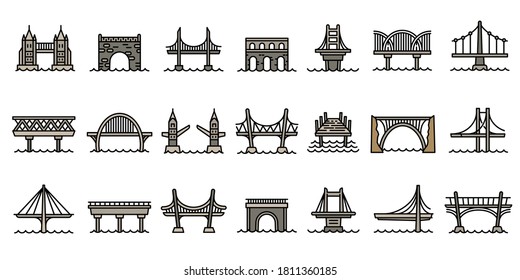 Bridges icons set. Outline set of bridges vector icons for web design isolated on white background