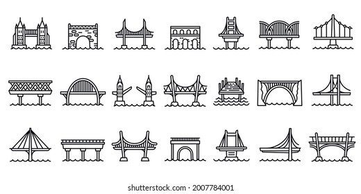 Bridges icons set. Outline set of bridges vector icons for web design isolated on white background svg
