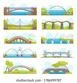 Bridges icons set of urban and suspension structure isolated vector illustrations. Bridged urban crossover architecture, bridge-construction for transportation, river bridge-building with carriageway.