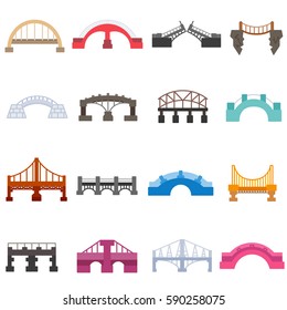 Bridges icons set. urban and suspension structure, isolated vector illustration