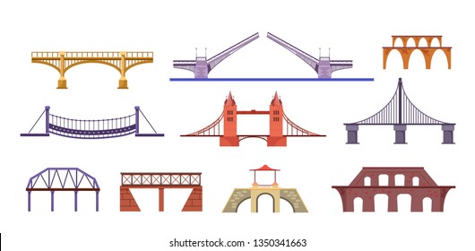 Conjunto de ilustraciones de puentes. Construcción, visión, monumento. Concepto de arquitectura. Se puede utilizar para temas como ciudad, río, carretera, viaje