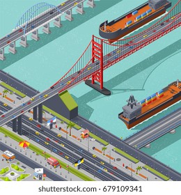 Bridges isometric composition with city traffic road and ships vector illustration 