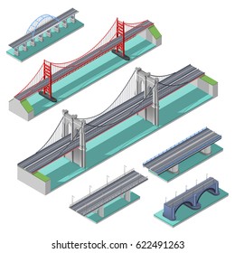  Bridges Isometric Set Above River Bay Or Lake Isolated Vector Illustration 