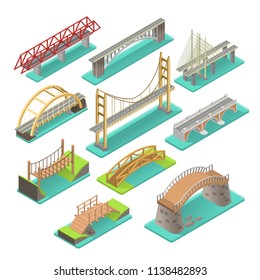 Bridges isometric set. Structures to carry a road, path, railway, across river, road, or other obstacle, industry elements in realistic style. Vector illustration wooden and concrete bridges.