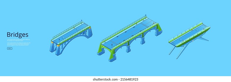 Bridges isometric web banner with city architecture construction of different design. Urban infrastructure, famous landmark, drawbridges for transport cross water or road 3d vector line art web banner