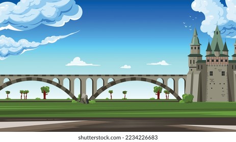 Bridges landscape colored cartoon composition large bridge is road to the castle vector illustration
