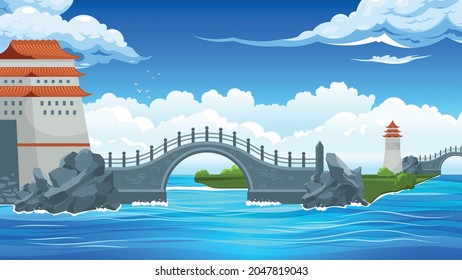 Bridges landscape composition with bridge from large land to small island in the sea vector illustration