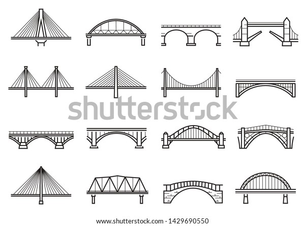Bridges line icon set, city\
architecture construction. Structure built over a railway, river,\
road. Vector line art bridges illustration isolated on white\
background
