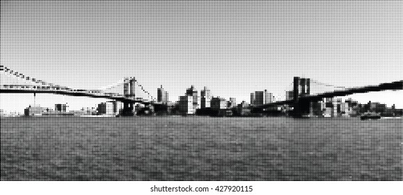 Bridges in New York. View at Brooklyn. Panorama. Halftone