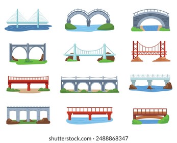 Bridges on natural landscape. Bridge over river canals creek. Urban architecture elements, flat modern constructions design nowaday vector set