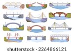 Bridges over canal or river connecting islands or banks of river. Architectural construction with road and way for people or cars. Vector in flat style