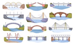 Bridges Over Canal Or River Connecting Islands Or Banks Of River. Architectural Construction With Road And Way For People Or Cars. Vector In Flat Style
