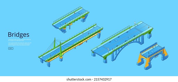 Bridges poster with isometric architecture construction on pillars over river, canal or bay. Vector horizontal banner with car road on viaduct, suspension bridge and highway overpass