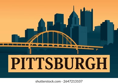 As pontes e os arranha-céus de Pittsburgh brilham ao entardecer, com o horizonte da cidade lindamente iluminado com o pano de fundo do céu noturno.