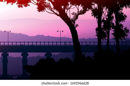 Bridges and travel. Natural forest mountains horizon hills silhouettes of trees. Sunrise and sunset. Landscape wallpaper. Illustration vector style. Colorful view background.