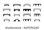Bridges vector icons set. Black silhouette of the bridge structure, river and railway illustration