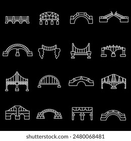 Bridges, white line icons. Various types of bridges. Ideal for architecture and infrastructure themes. Symbols on black background. Editable stroke.