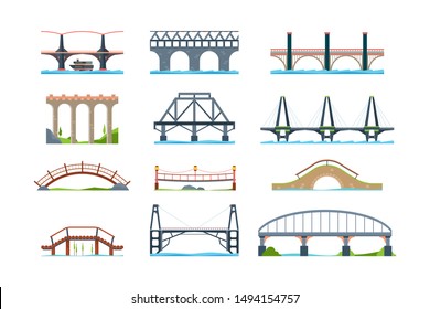 Bridges. Wooden iron aqueduc with column modern architectural objects vector bridge in flat style