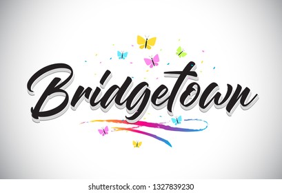 Bridgetown Handwritten Word Text with Butterflies and Colorful Swoosh Vector Illustration Design.