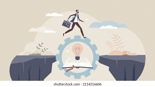 Bridging the gap with business knowledge and education tiny person concept. Career problem overcome using self development and growth vector illustration. Reaching new horizons using efficient link.