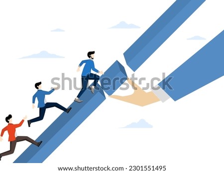 Bridging the gap, help or guidance, career advancement, giant businessman hands bridge the gap for people to progress towards the target.