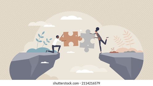 Bridging the gap and overcome couple relationship problem tiny person concept. Communication link and puzzle pieces connection as solution for settlement vector illustration. Together after separation