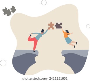 Bridging the gap and overcome couple relationship problem.Communication link and puzzle pieces connection as solution for settlement.flat vector illustration.