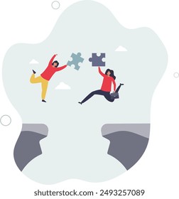 Bridging the gap and overcome couple relationship problem.Communication link and puzzle pieces connection as solution for settlement.flat design.illustration with people.