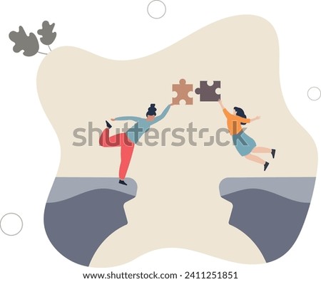 Bridging the gap and overcome couple relationship problem.Communication link and puzzle pieces connection as solution for settlement.flat vector illustration.