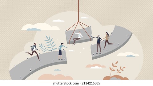 Bridging The Gap And Overcome Obstacles With Teamwork Tiny Person Concept. Find Problem Solution With Missing Peace With Communication And Working Together Vector Illustration. Agreement And Deal Link