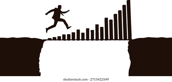 Überbrückung der Lücke Silhouette Vektorgrafik mit Person Kreuzung Plank zwischen Klippen für Risiko-Konzepte.