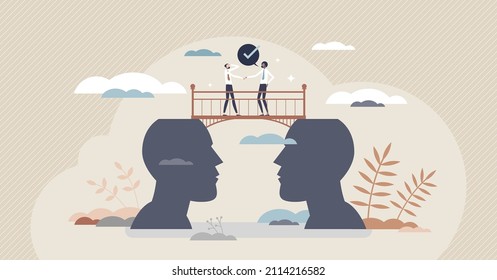 Bridging the gap with successful partner communication tiny person concept. Business merging and development after agreement and deal problem solutions vector illustration. Overcome mental barrier.