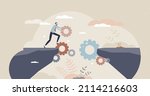 Bridging the gap using business technology and automation tiny person concept. Smart and effective leadership with problem solution and tech assistance vector illustration. Businessman and gear bridge