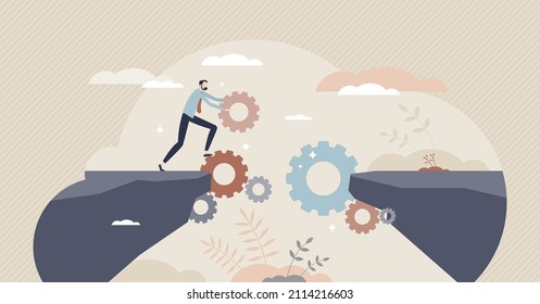 Bridging the gap using business technology and automation tiny person concept. Smart and effective leadership with problem solution and tech assistance vector illustration. Businessman and gear bridge