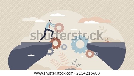 Bridging the gap using business technology and automation tiny person concept. Smart and effective leadership with problem solution and tech assistance vector illustration. Businessman and gear bridge