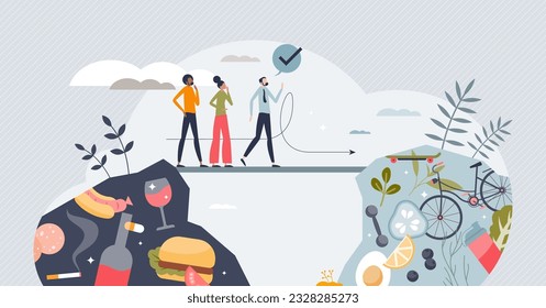 Bridging the health divide as start new healthy lifestyle tiny person concept. Professional support for beginning or road to diet and fitness activities vector illustration. Help to quit bad habits.