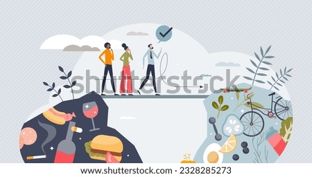 Bridging the health divide as start new healthy lifestyle tiny person concept. Professional support for beginning or road to diet and fitness activities vector illustration. Help to quit bad habits.