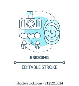 Bridging turquoise concept icon. Aesthetic dentistry procedure abstract idea thin line illustration. Restorative treatment. Isolated outline drawing. Editable stroke. Arial, Myriad Pro-Bold fonts used