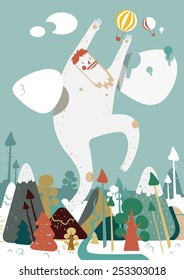 bridht illustration with yeti which tries to catch balloons