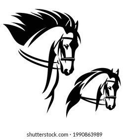 bridled horse with flying mane profile head black and white vector outline portrait set