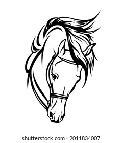 bridled horse head with flying mane black and white vector outline portrait