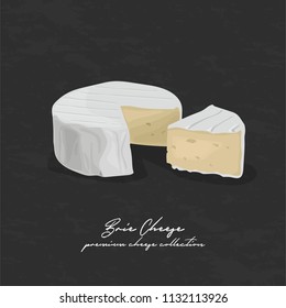 Brie cheese vector illustration on dark grunge background. Premium cheese type. Diary product poster design