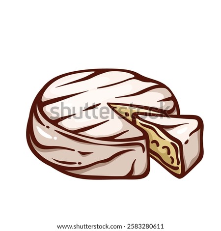 Brie triangle piece cut from whole round head line icon. Outline hand drawn fresh soft creamy cheese. Dairy product, French cuisine mascot, delicatessen Brie appetizer icon vector illustration